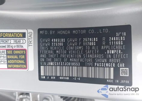 2018 Honda Clarity Plug-In Hybrid Touring z USA, uszkodzony, nr VIN JHMZC5F37JC010553